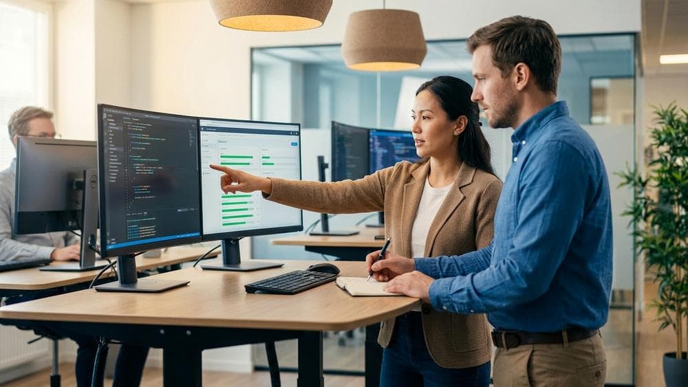 QA testing professionals collaborating at modern workstations with code and test dashboards in a sleek tech office