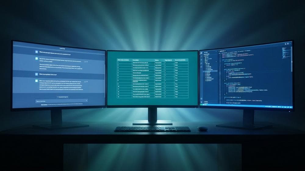 Multiple monitors displaying LLM prompt interfaces and test case tables in a modern tech environment, cinematic lighting