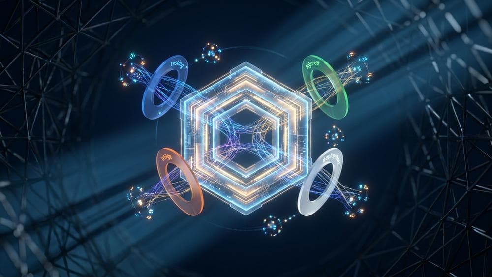Abstract visualization of a structured go-live decision gateway with layered geometric approval stages in cinematic style