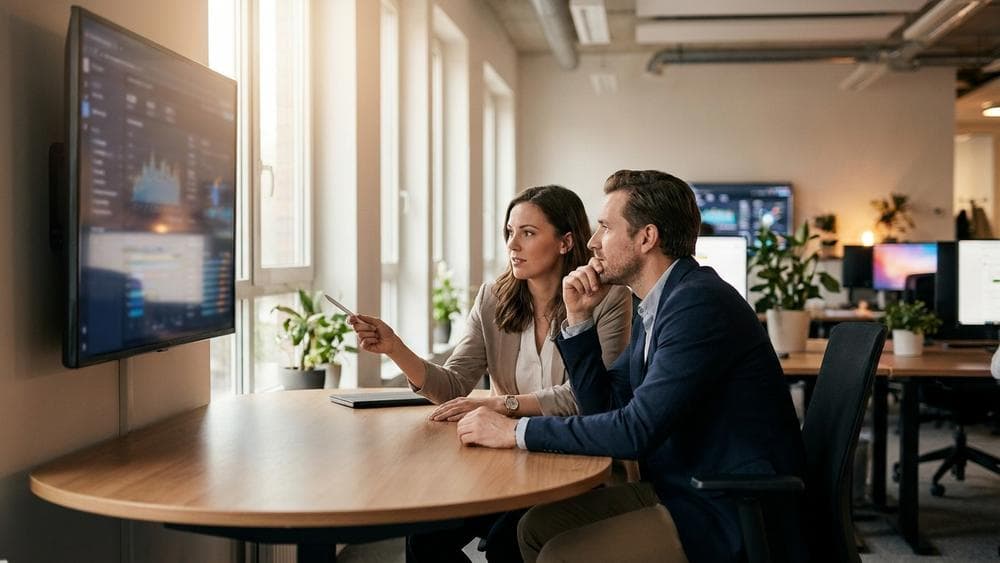 QA lead and product owner reviewing acceptance test results on a large monitor in a modern tech office, realistic brand photography style