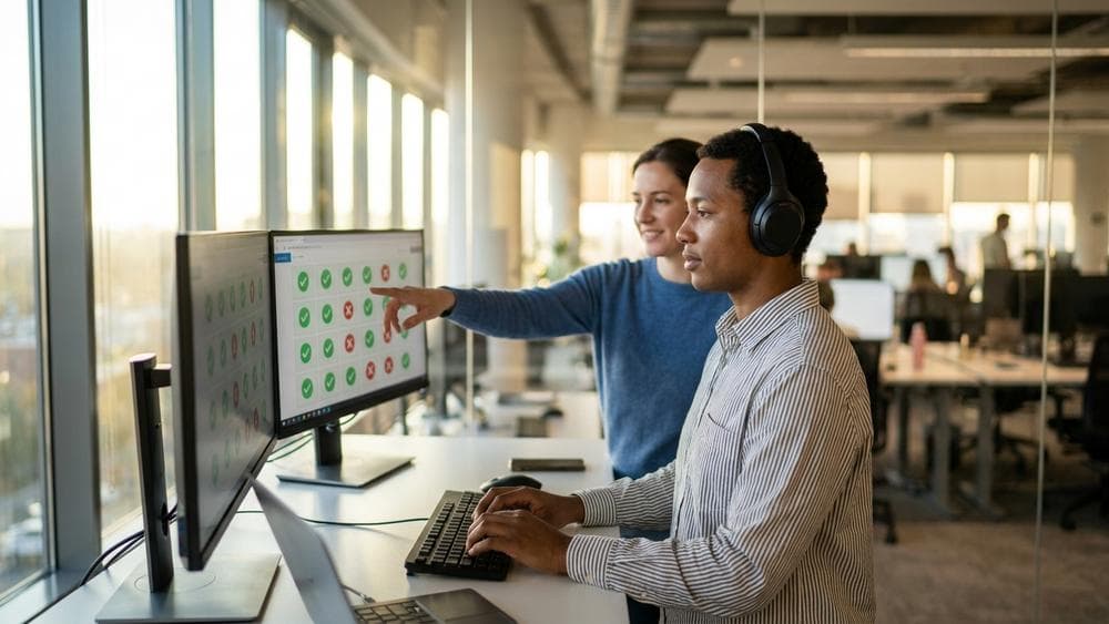 QA engineer reviewing access control permissions on dual monitors in a modern tech office, realistic brand photography style