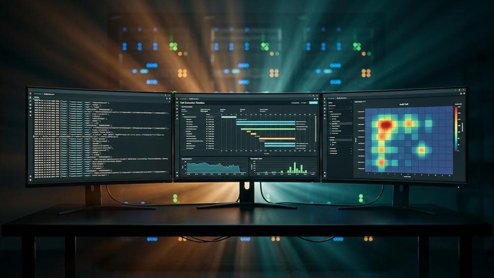 Multiple glowing monitoring dashboards displaying test execution logs and audit trails in a cinematic server environment