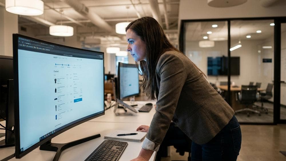QA tester exploring a web application on a large monitor in a modern tech office, cinematic lighting