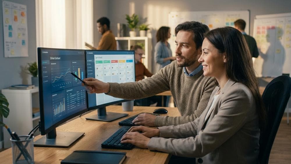 QA engineer and developer collaborating at shared monitors reviewing sprint test results in a modern tech office