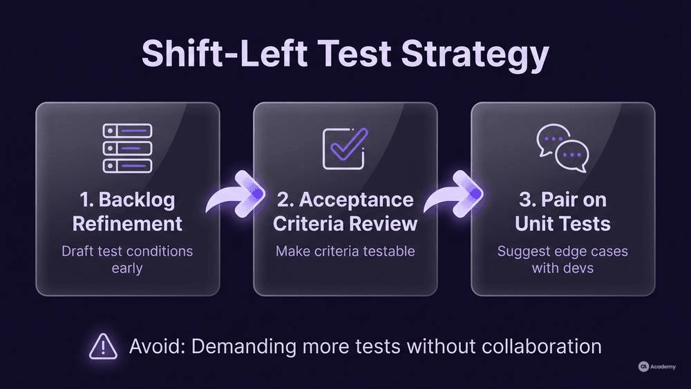 Shift-left test strategy infographic showing 3 upstream testing activities for Scrum and Kanban QA teams in glassmorphism style