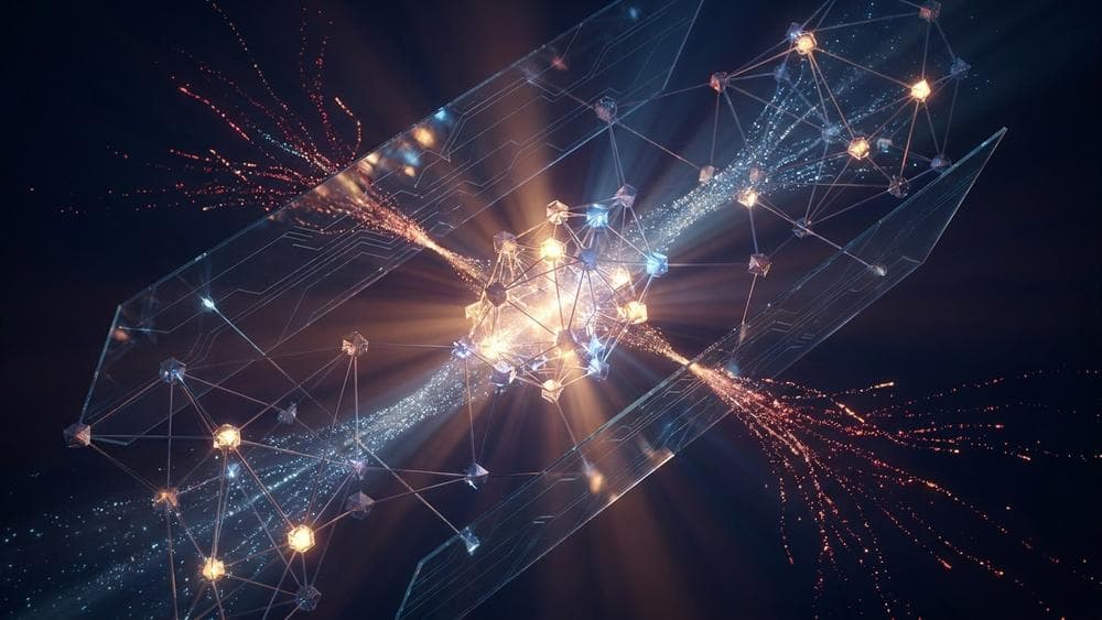 Abstract visualization of AI model validation with flowing data streams and interlocking geometric nodes in cinematic style