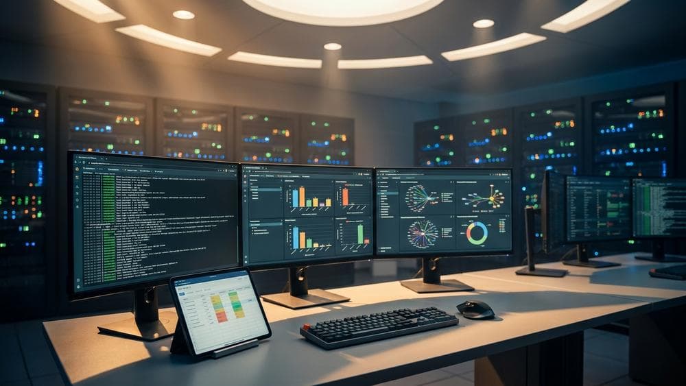 Cinematic staging environment device lab with glowing monitors displaying test dashboards and real-time logs