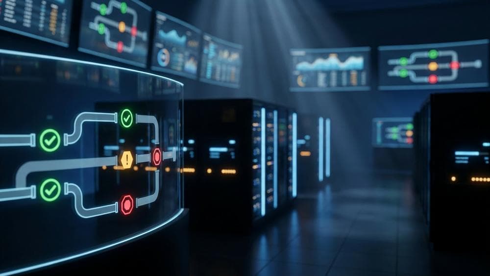 Cinematic view of CI/CD pipeline approval gate dashboards glowing in a dark server room environment