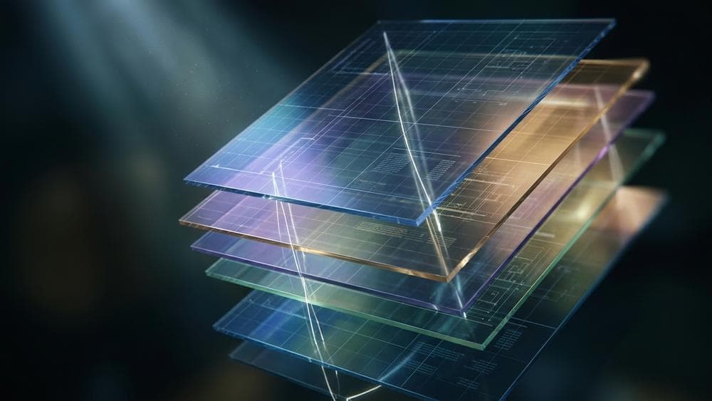 Abstract visualization of STLC artifact layers as interlocking geometric structures and flowing data streams in cinematic style