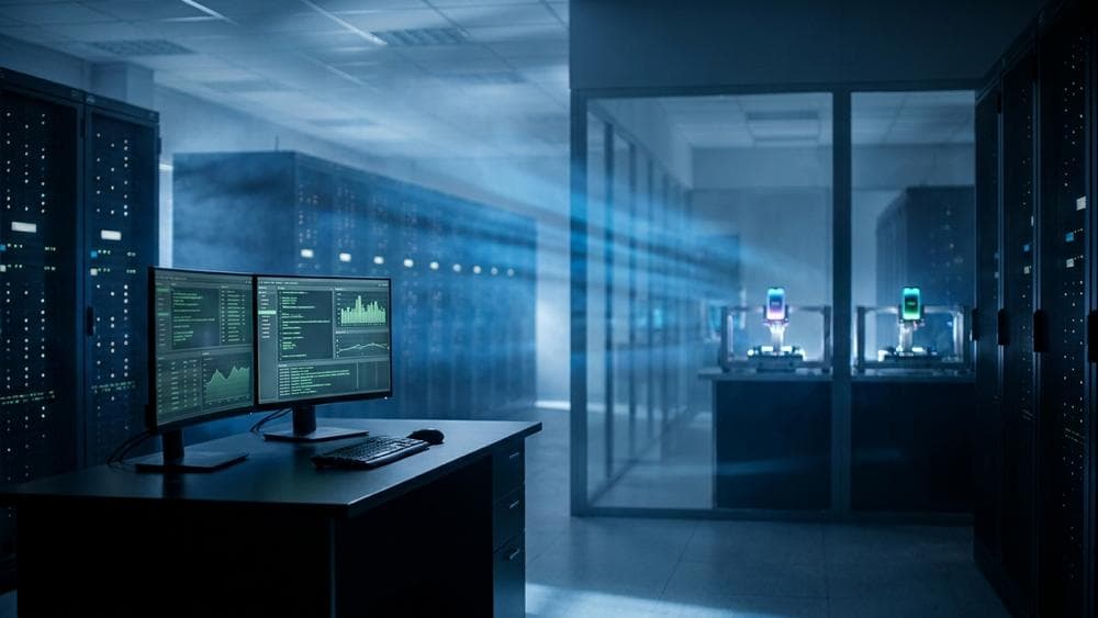 Cinematic server room with glowing racks, monitors displaying environment dashboards, and QA asset data in tech-environment style