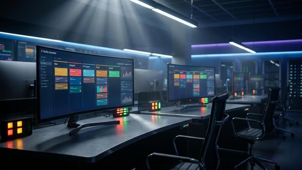 Multiple bug tracking screens showing defect queues and assignment dashboards in a cinematic tech environment