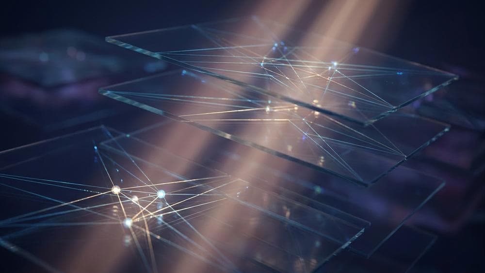 Abstract visualization of hidden assumptions as layered geometric structures with glowing nodes and data streams in dark space