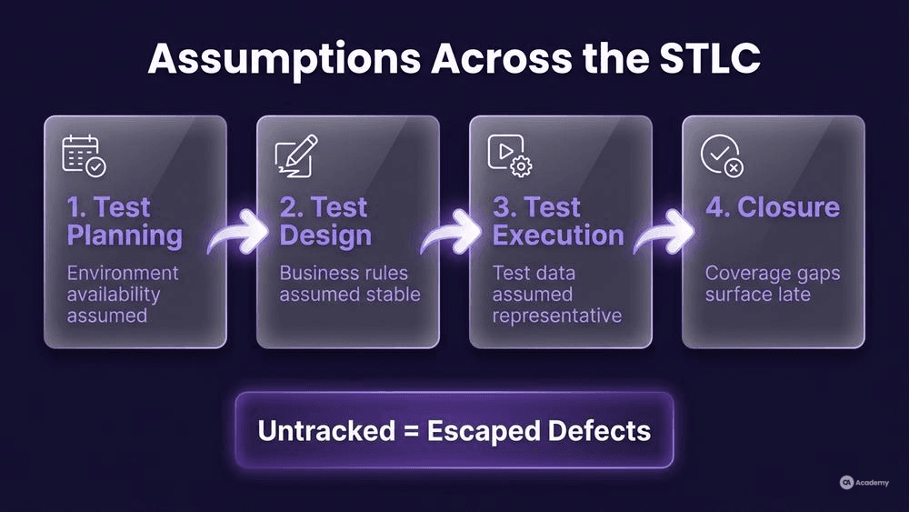 Infographic showing how assumption logging impacts each STLC phase: planning, design, execution, and closure in glassmorphism style