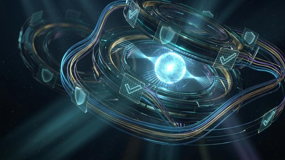 Abstract visualization of interlocking quality assurance layers and verification cycles in cinematic 3D style