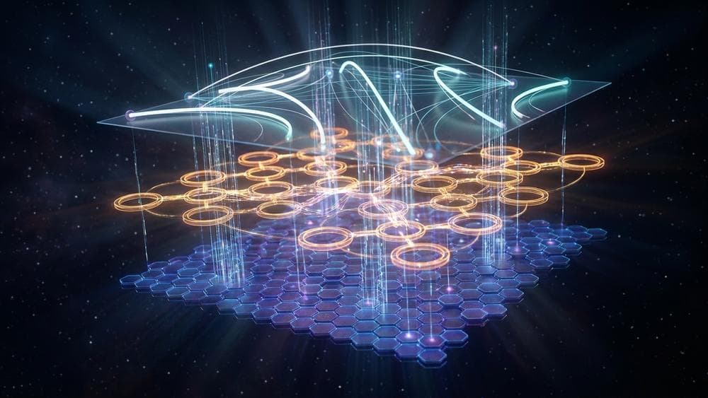 Abstract visualization of automated test layers as interlocking geometric data streams and layered nodes in cinematic style