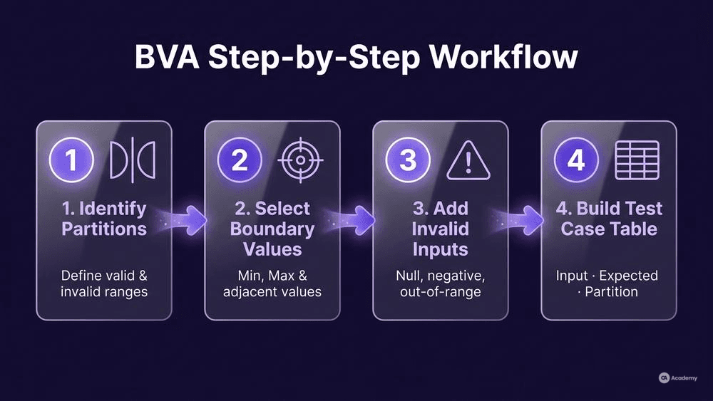 Step-by-step boundary value analysis workflow infographic showing 4 stages from partitioning to test case table in glassmorphism style