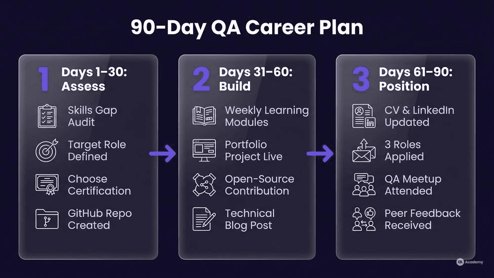 90-day QA career acceleration plan infographic showing three phases: Assess, Build, and Position in glassmorphism style
