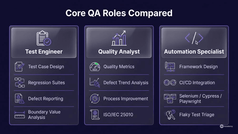 Infographic comparing three core QA roles — Test Engineer, Quality Analyst, and Automation Specialist — in glassmorphism style