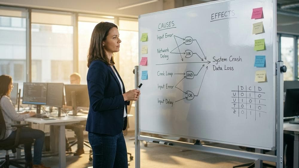 QA engineer mapping cause effect graph on whiteboard with decision table notes in a modern tech office