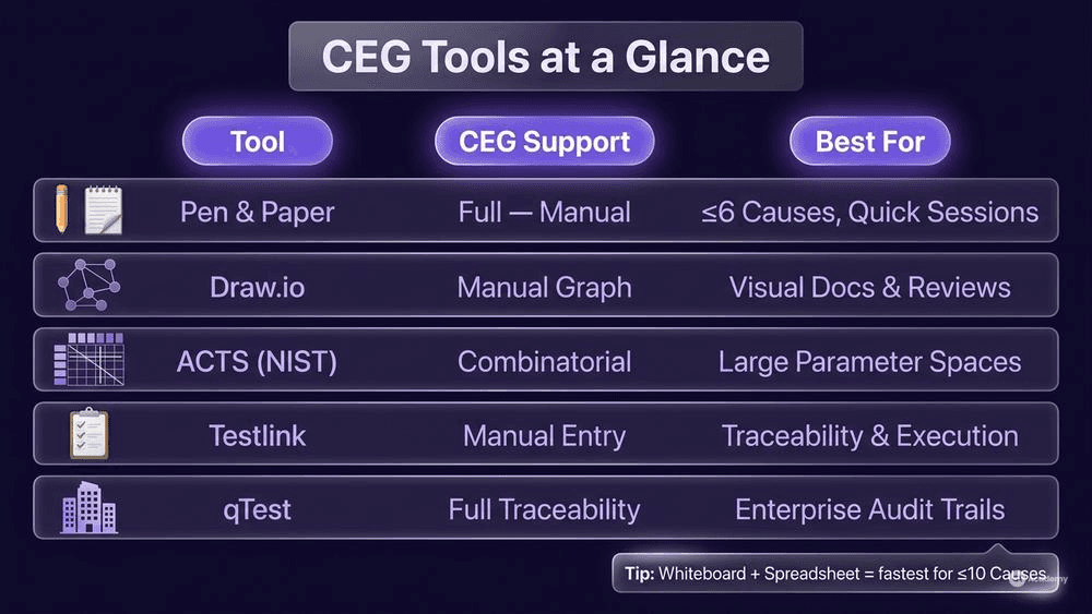 Tools comparison table for cause effect graphing showing pen and paper, Draw.io, ACTS, Testlink, and qTest ratings