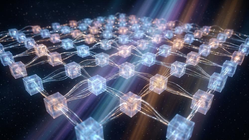 Abstract 3D grid of glowing logic nodes and branching condition paths representing decision table structure