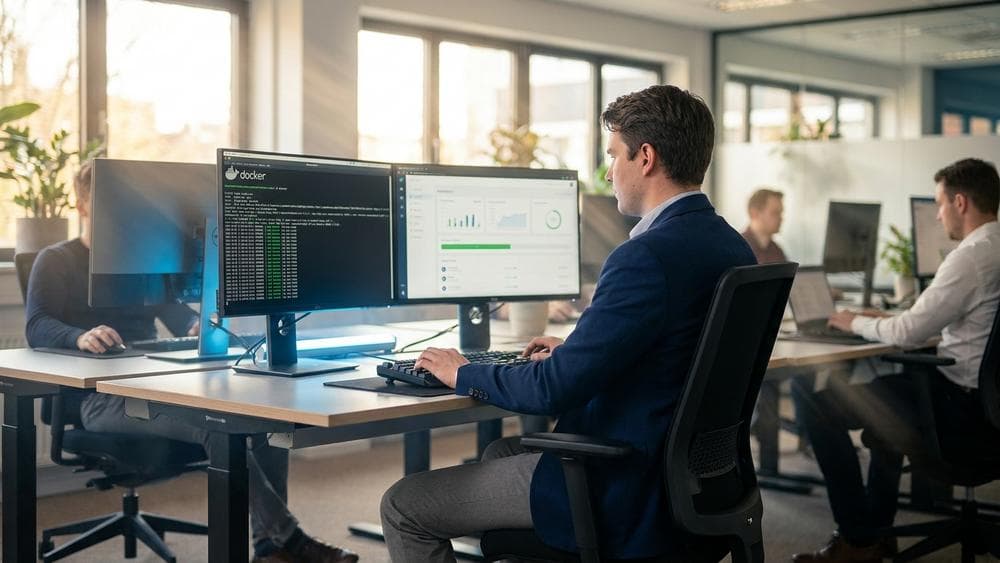 QA engineer reviewing Docker container setup on dual monitors in a modern tech office, cinematic lighting