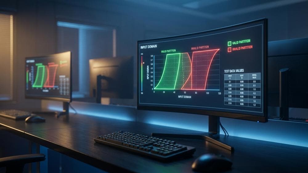 Multiple glowing monitor screens displaying input domain partition diagrams and test data tables in a cinematic tech lab