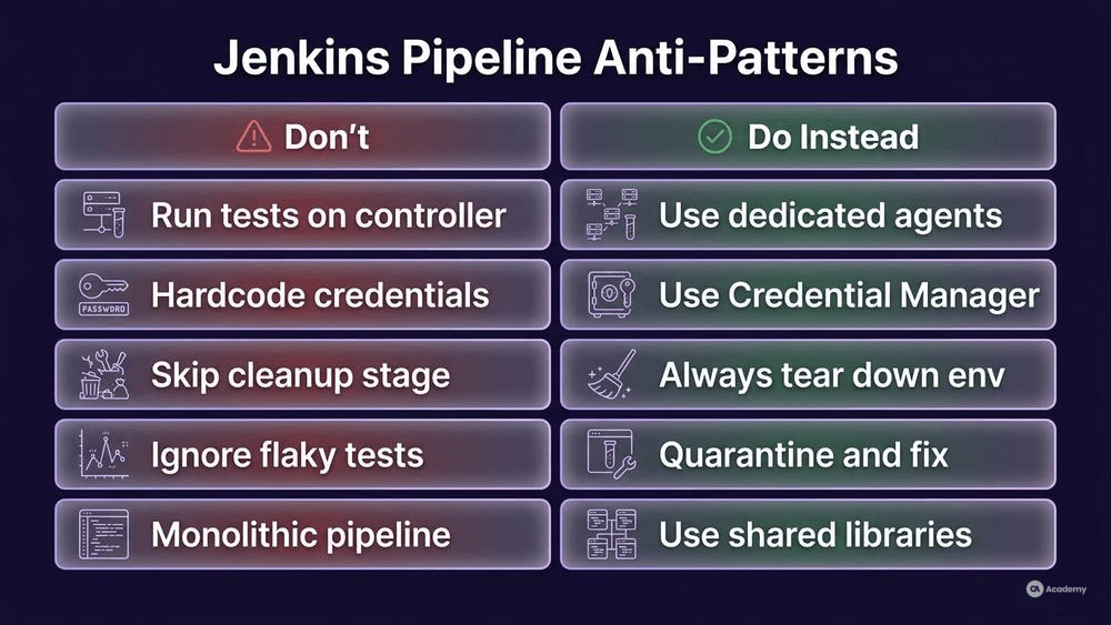 Jenkins QA pipeline anti-patterns checklist showing 5 common mistakes in a do-vs-dont glassmorphism infographic layout