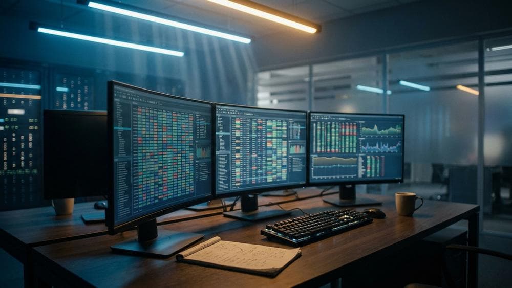 QA workstation with multiple monitors displaying test execution logs and defect reports in a modern tech lab