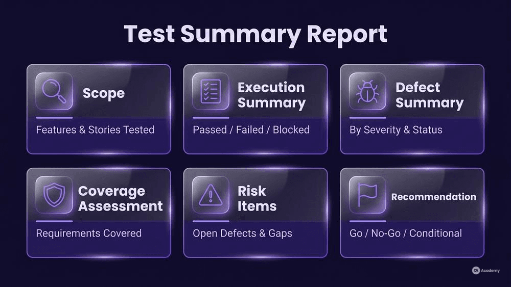 Test summary report components infographic with KPI stat cards showing scope, execution, defects, coverage and recommendation