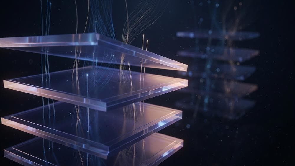 Abstract 3D visualization of layered geometric structures representing page object model abstraction in glassmorphism style