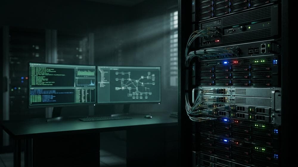 Cinematic server room with glowing network hardware and active security monitoring screens in a dark tech environment