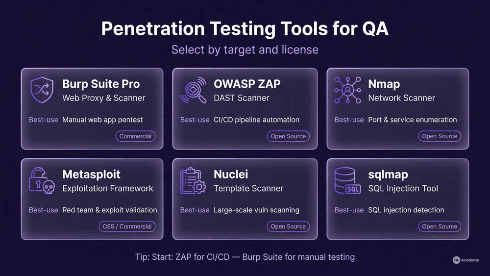 Glassmorphism KPI card grid infographic showing six penetration testing tools with type, best use, and license for QA teams