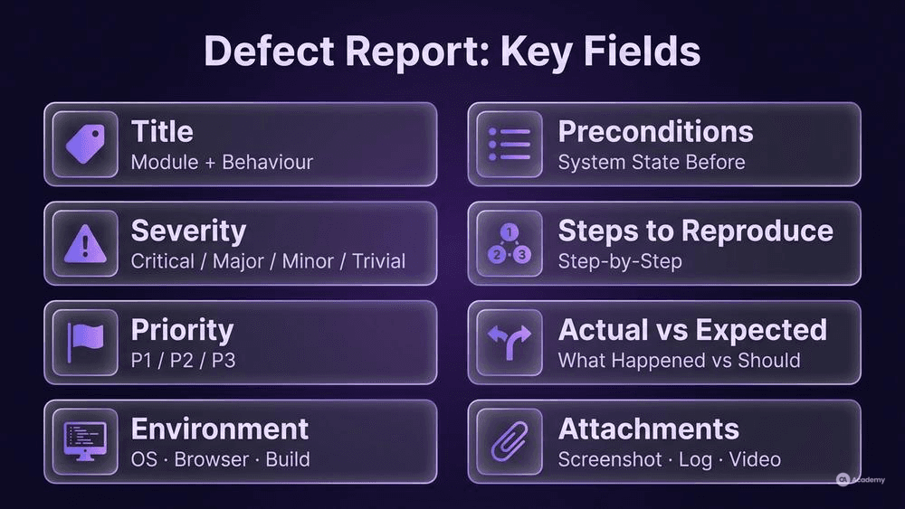 Structured defect report template infographic with eight labeled fields shown as stacked checklist cards in glassmorphism style