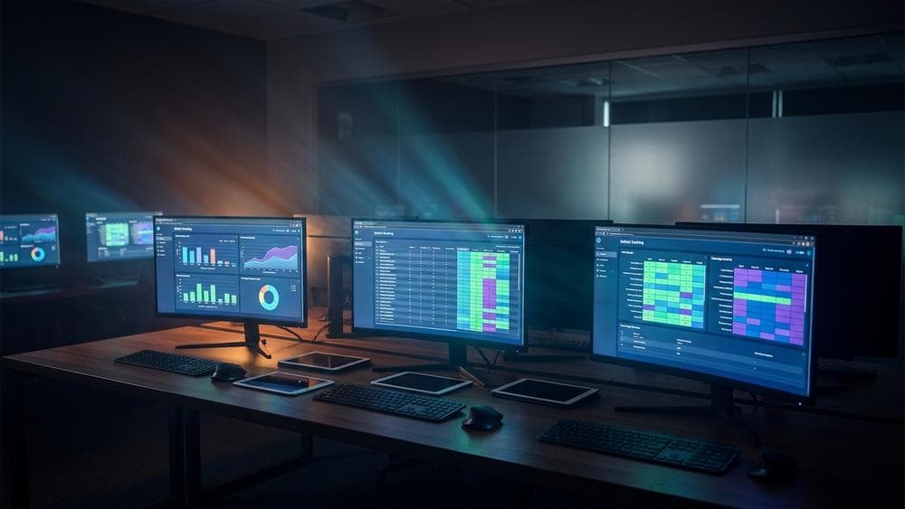 Multiple QA monitoring dashboards and test result screens glowing in a dark modern tech lab environment