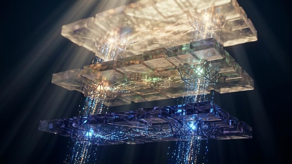 Abstract visualization of layered test environment tiers with flowing data streams and geometric structures in cinematic style