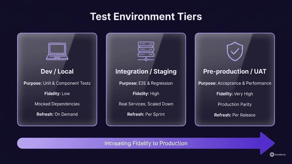 Three-tier test environment comparison table showing Dev, Staging, and Pre-production fidelity and refresh frequency in glassmorphism style