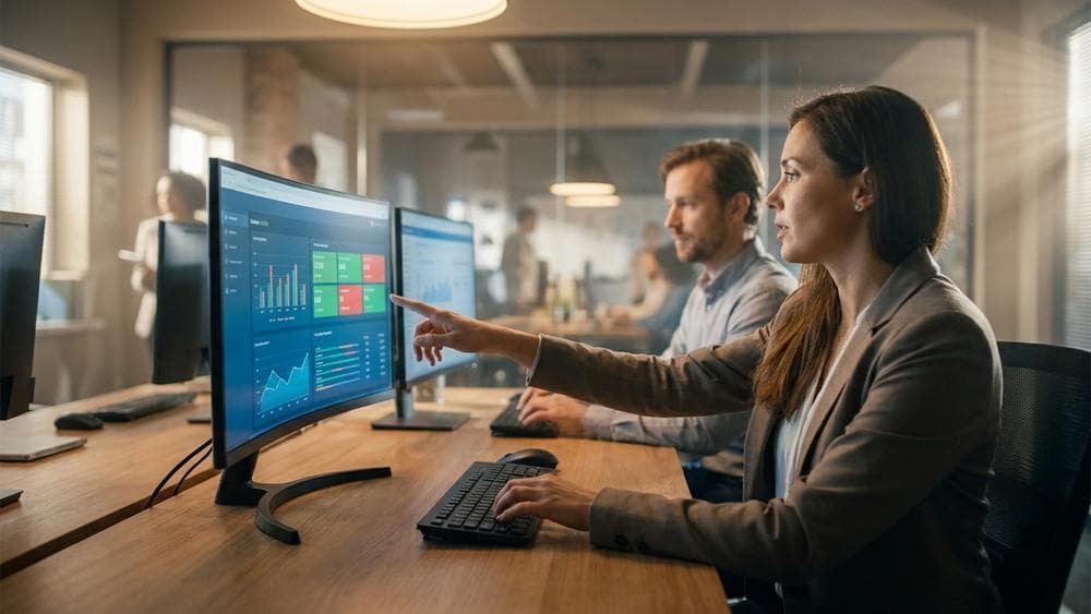 QA engineers reviewing test management dashboards on monitors in a modern tech office, realistic brand-photography style