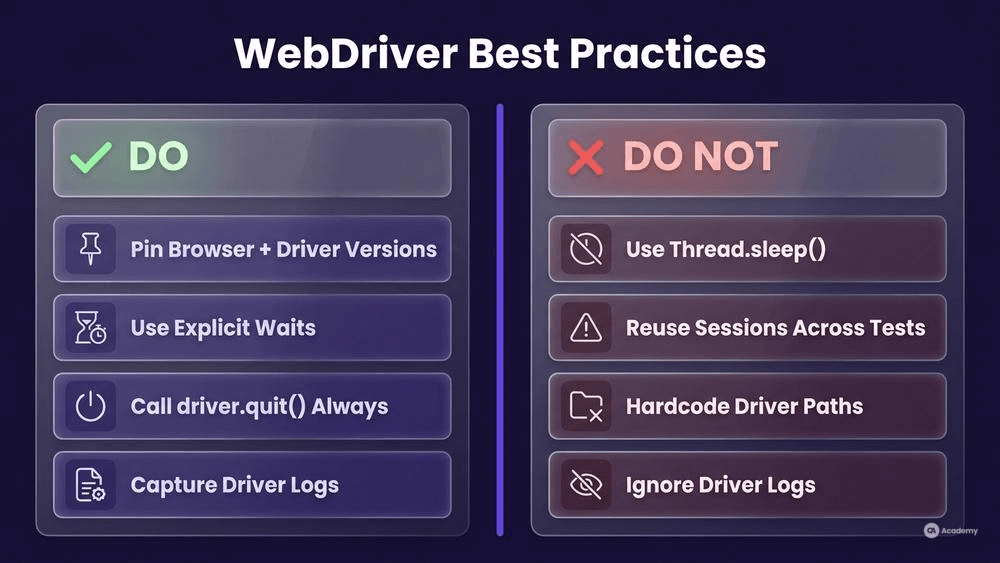 WebDriver best practices checklist infographic comparing Do vs Do Not columns for CI automation stability in glassmorphism style